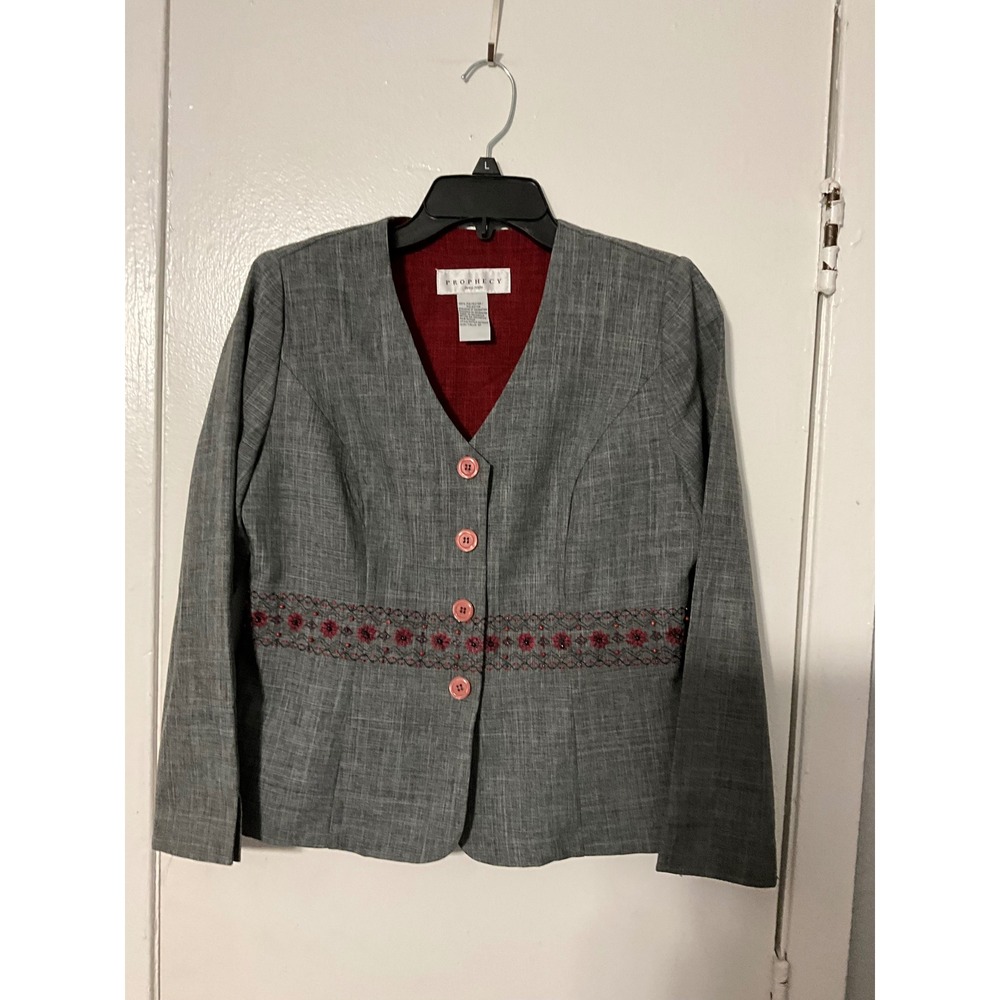 Prophecy Dress Petite Grey Embroidered Beaded Button Front Blazer Jacket 6P